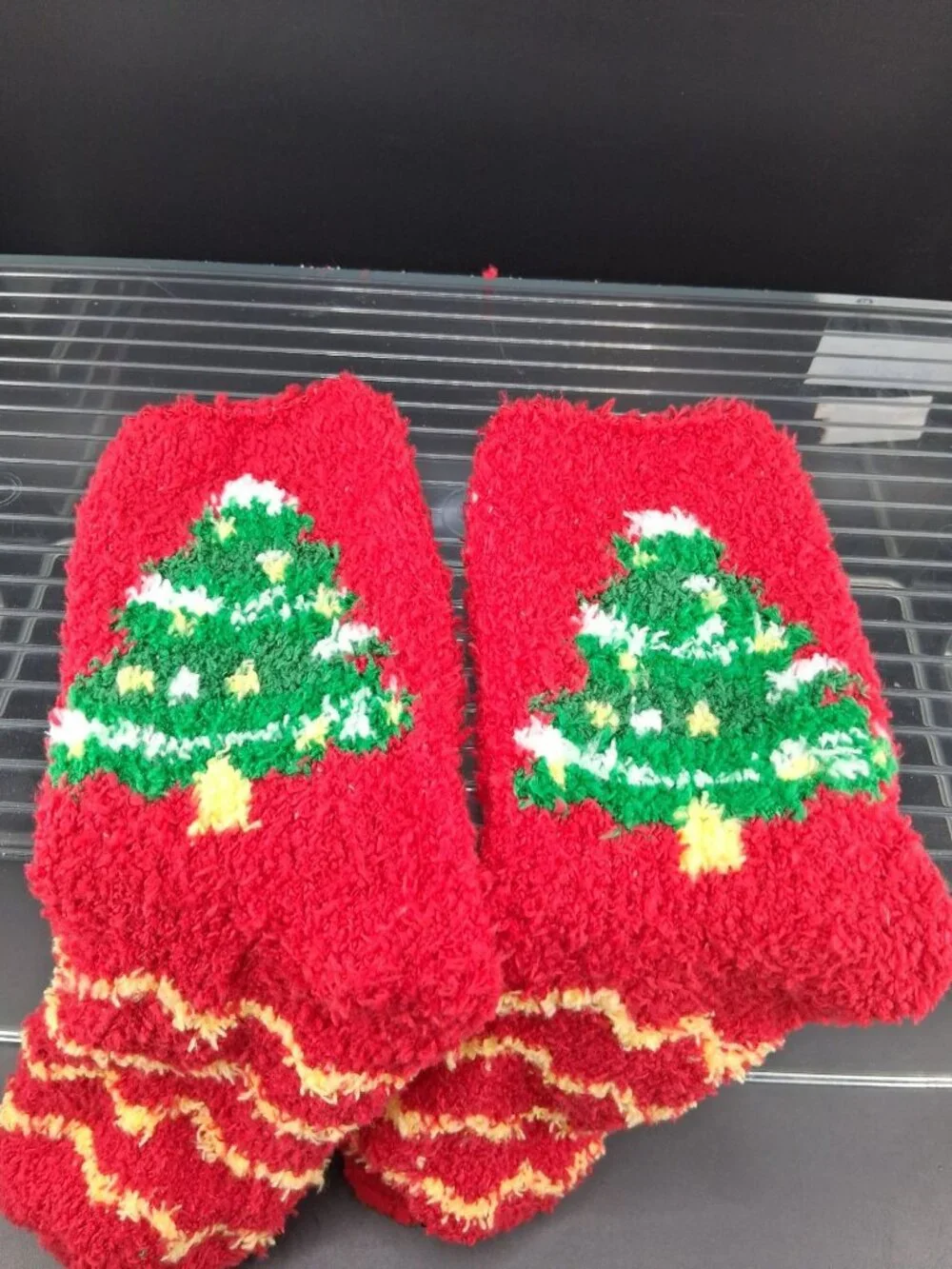 Red Holiday Fuzzy Socks With Christmas Tree Design